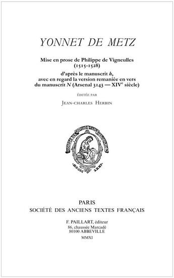 Couverture du livre « Yonnet de Metz » de Jean-Charles Herbin aux éditions Societe Des Anciens Textes Francais