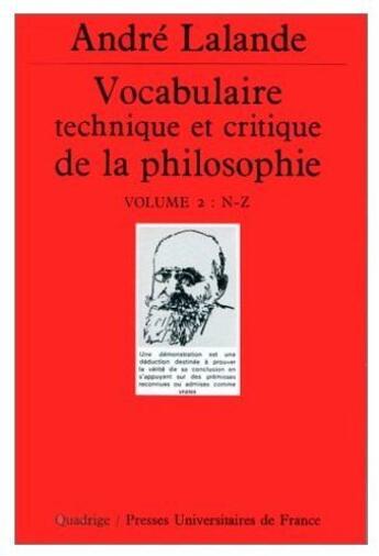 Couverture du livre « Vocabulaire technique et critique de la philosophie t.2 : N-Z » de Andre Lalande aux éditions Puf