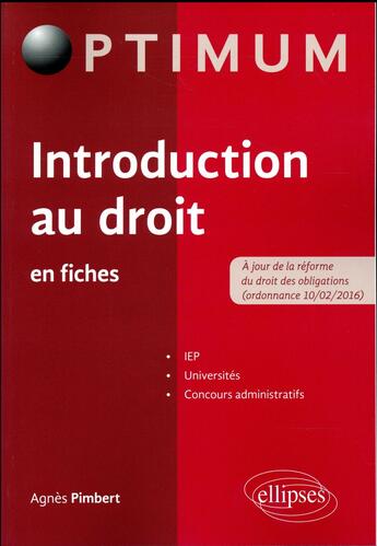 Couverture du livre « Introduction au droit en fiches » de Agnes Pimbert aux éditions Ellipses
