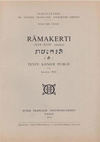 Couverture du livre « Ramakerti (XVI-XVII siècle) » de Saveros Pou aux éditions Ecole Francaise Extreme Orient