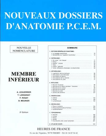 Couverture du livre « Anatomie : membre inferieur » de Leguerrier/Lang aux éditions Heures De France