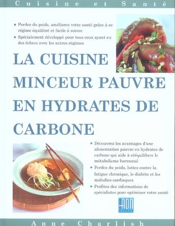 Couverture du livre « Cuisine minceur reduite en hydrate de carbone » de Anne Charlish aux éditions Adn