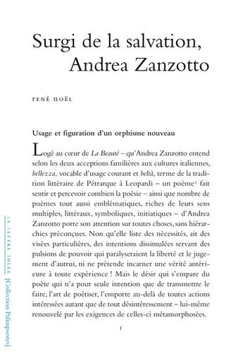 Couverture du livre « Surgi de la salvation, Andrea Zanzotto » de Rene Noel aux éditions Lettre Volee