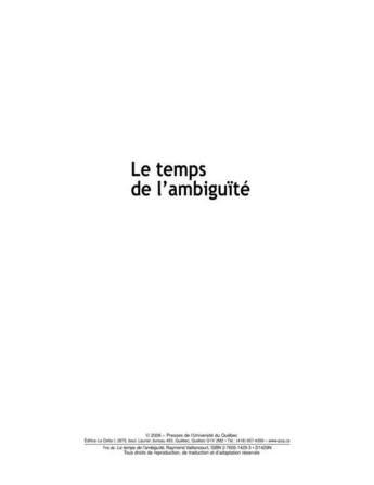 Couverture du livre « Le temps de l'ambiguïté ; le contexte politique du changement » de Raymond Vaillancourt aux éditions Pu De Quebec
