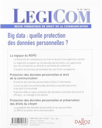 Couverture du livre « Legicom t.59 ; big data, quelle protection des données personnelles ? » de Legicom aux éditions Dalloz