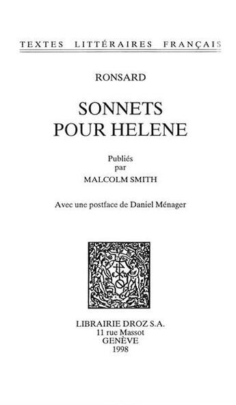 Couverture du livre « Sonnets pour Hélène » de Pierre De Ronsard aux éditions Droz