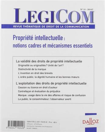 Couverture du livre « Legicom t.53 ; propriété intellectuelle : notions cadres et mécanismes essentiels » de Legicom aux éditions Dalloz
