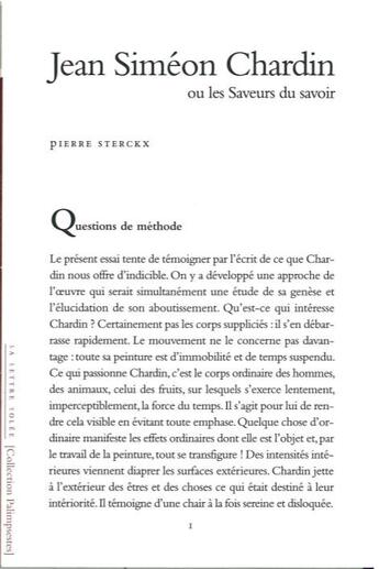 Couverture du livre « Jean Siméon Chardin ou la saveur du savoir » de Pierre Sterckx aux éditions Lettre Volee