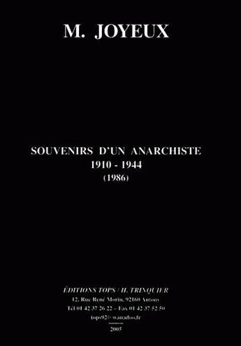Couverture du livre « Souvenirs d'un anarchiste » de Joyeux aux éditions Tops
