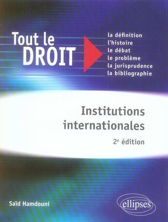 Couverture du livre « Institutions internationales (2e édition) » de Said Hamdouni aux éditions Ellipses
