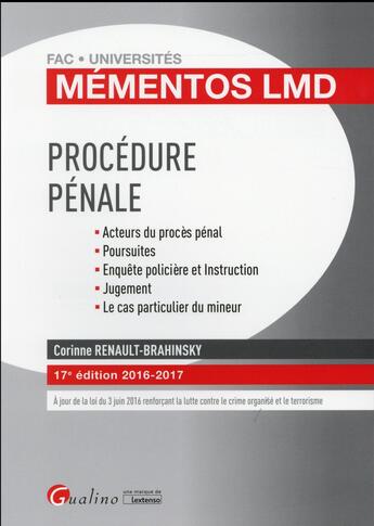 Couverture du livre « Procédure pénale (édition 2016/2017) » de Corinne Renault-Brahinsky aux éditions Gualino