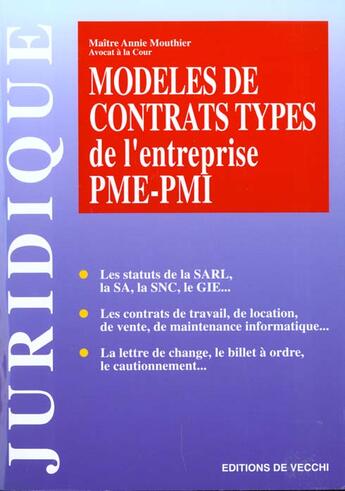 Couverture du livre « Modeles de contrat type de l'entreprise pme pmi » de Annie Mouthier aux éditions De Vecchi