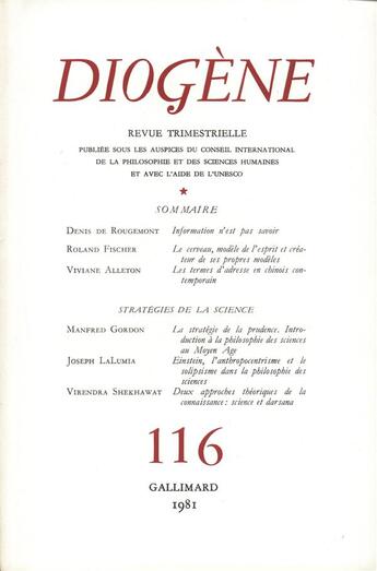 Couverture du livre « Diogene 116 » de Collectifs Gallimard aux éditions Gallimard