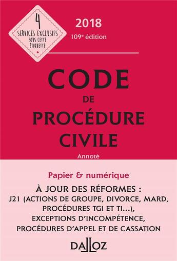 Couverture du livre « Code de procédure civile annoté (édition 2018) » de  aux éditions Dalloz