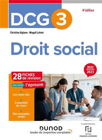 Couverture du livre « DCG 3 : droit social ; 28 fiches de révision (édition 2022/2023) » de Christine Alglave et Magali Lafont aux éditions Dunod
