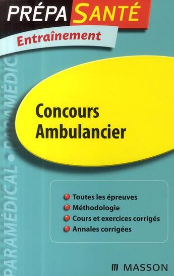 Couverture du livre « Entrainement concours entrée ambulancier » de  aux éditions Elsevier-masson