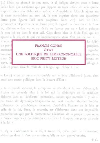 Couverture du livre « Etat, une politique de l'imprononçable » de Francis Cohen aux éditions Eric Pesty