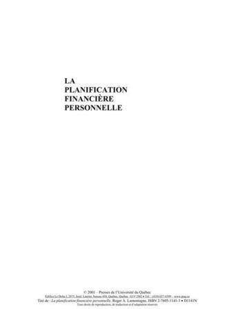 Couverture du livre « Planification financière personnelle (2e édition) » de Roger Lamontagne aux éditions Presses De L'universite Du Quebec