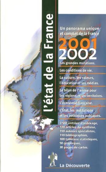 Couverture du livre « L'Etat De La France 2001-2002 ; Le Diagnostic De 110 Specialistes ; 13e Edition » de Serge Cordellier aux éditions La Decouverte
