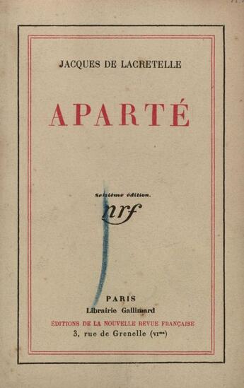 Couverture du livre « Aparte » de Lacretelle Jacques D aux éditions Gallimard (patrimoine Numerise)