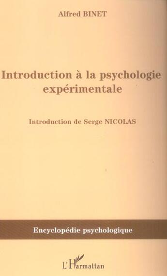 Couverture du livre « Introduction a la psychologie experimentale » de Alfred Binet aux éditions L'harmattan