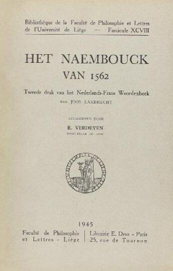 Couverture du livre « Het Naembouck Van 1562 » de Verdeyen Ren aux éditions Philosophie Lettres De Liege