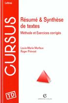 Couverture du livre « Resume Et Synthese De Textes » de Prevost et Morfaux aux éditions Armand Colin