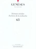 Couverture du livre « REVUE GENESES t.63 ; sciences sociales ; archives de la recherche » de  aux éditions Belin